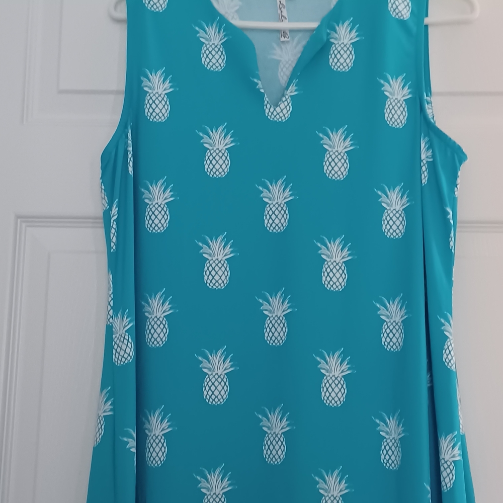 Lulu-B Teal Pineapple Womens Size L 50 UPF Print Dress - Picture 4 of 9